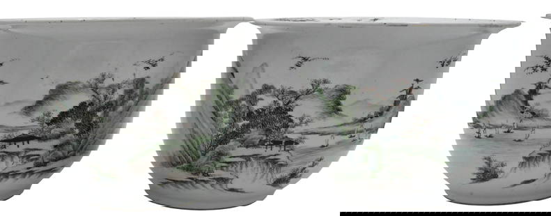 Pair of Chinese Famille Verte Porcelain Planters: Pair of Chinese Famille Verte Porcelain Planters both having landscape motif featuring mountains, tree, and boats on the river, both with bottom drainage hole height 10 1/2 inches, diameter 7 1/2 inch