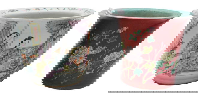 Two Chinese Porcelain Planters: Two Chinese Porcelain Planters to include coral-red ground Famille Rose planter having flared rim, turquoise interior, flower and sgraffito details, along with Qianlong pot having Geisha motif, both h
