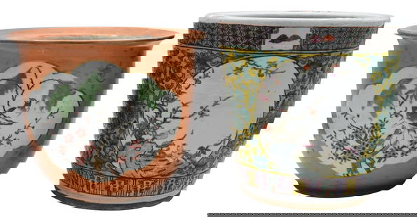 Two Chinese Porcelain Planters: Two Chinese Porcelain Planters to include one coral and gilt flared rim pot having cartouches featuring birds and flower branches, the other in Famille Rose with yellow ground and cartouches with bird