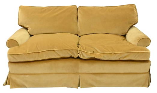 Velvet Upholstered Loveseat: Velvet Upholstered Loveseat two cushions in camel color height 33 inches, length 65 inches, width 37 inches