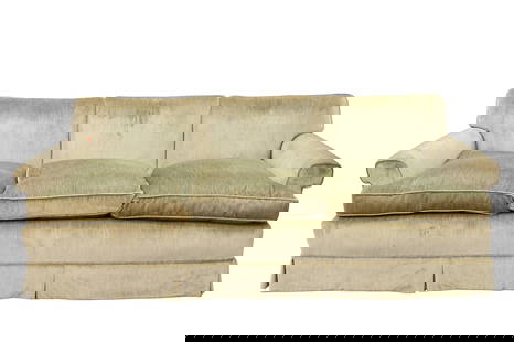 Christopher Hyland Style Upholstered Sofa: Christopher Hyland Style Upholstered Sofa in light green silk/velvet upholstery and having three seats height 29 inches, length 78 inches, depth 32 inches