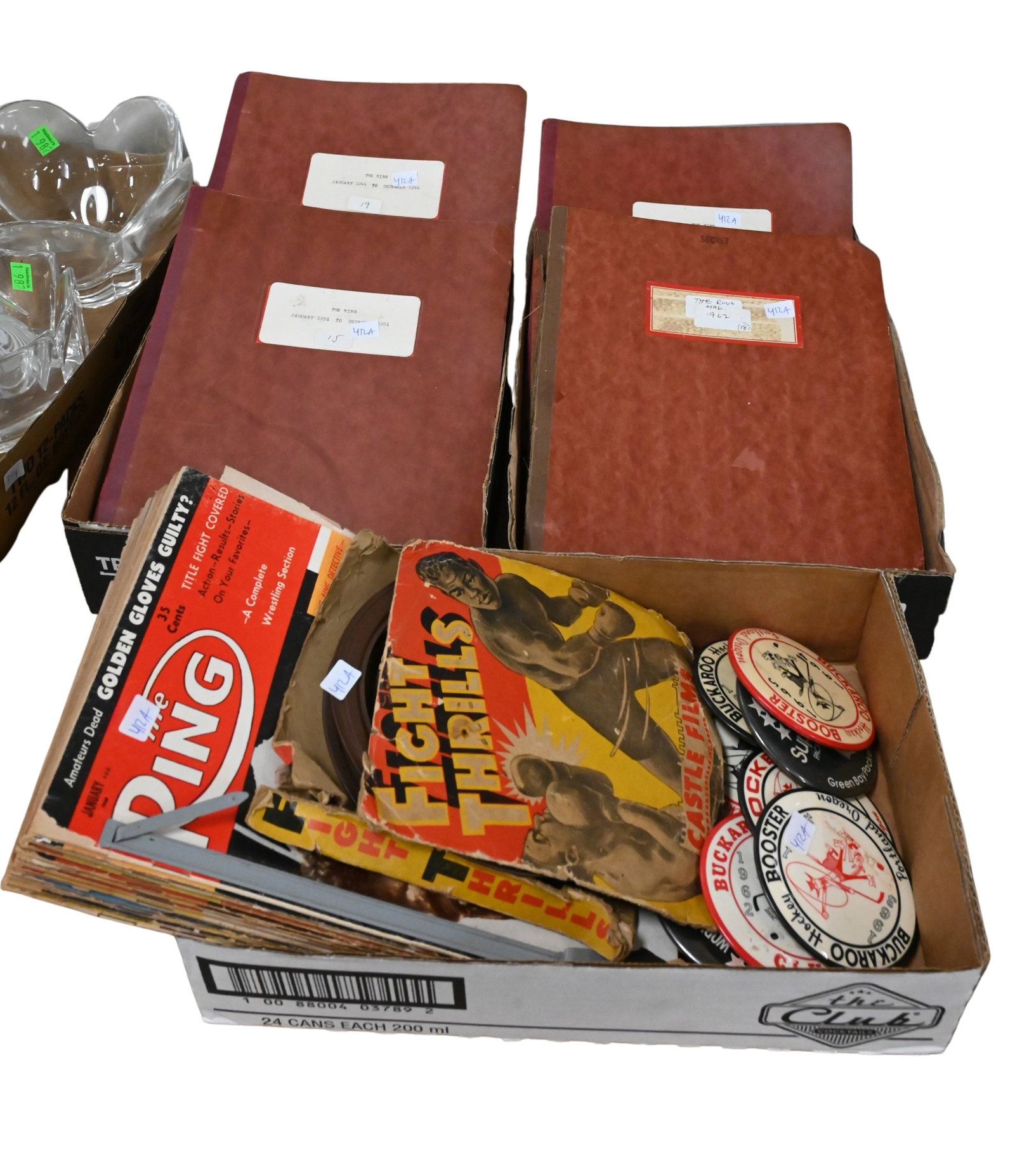 Three Box Lots of "The Ring" Memorabilia: Three Box Lots of "The Ring" Memorabilia to include Castle Films "Fright Thrills" magazine covers from 1944, 1962, 1951, 1953, along with hockey pins folders 12" x 9"