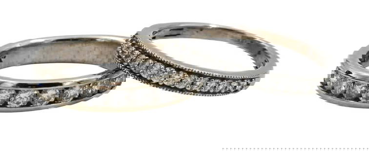Two 14K White Gold and Diamond Half Eternity Rings: Two 14K White Gold and Diamond Half Eternity Rings one with single row of channel set diamonds sizes 5 and 6, total weight 10.2 grams