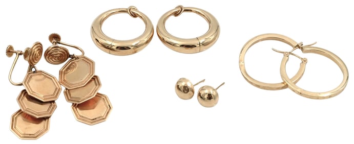 Four Pairs of 14K Yellow Gold Earrings
