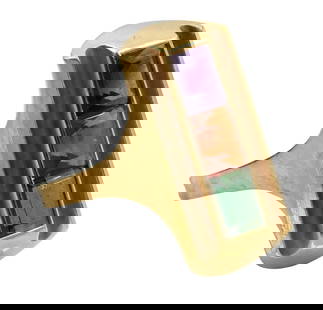 18K Yellow Gold Ring: 18K Yellow Gold Ring set with green, orange, and purple gemstones, all emerald cut size 7 3/4, total 8.1 grams
