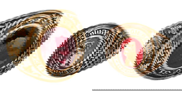 Two 10K Gold Class Rings: Two 10K Gold Class Rings both with red stones size 7 1/4, 5 3/4, total weight 19.2 grams
