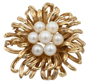 14K Yellow Gold and Pearl Brooch
