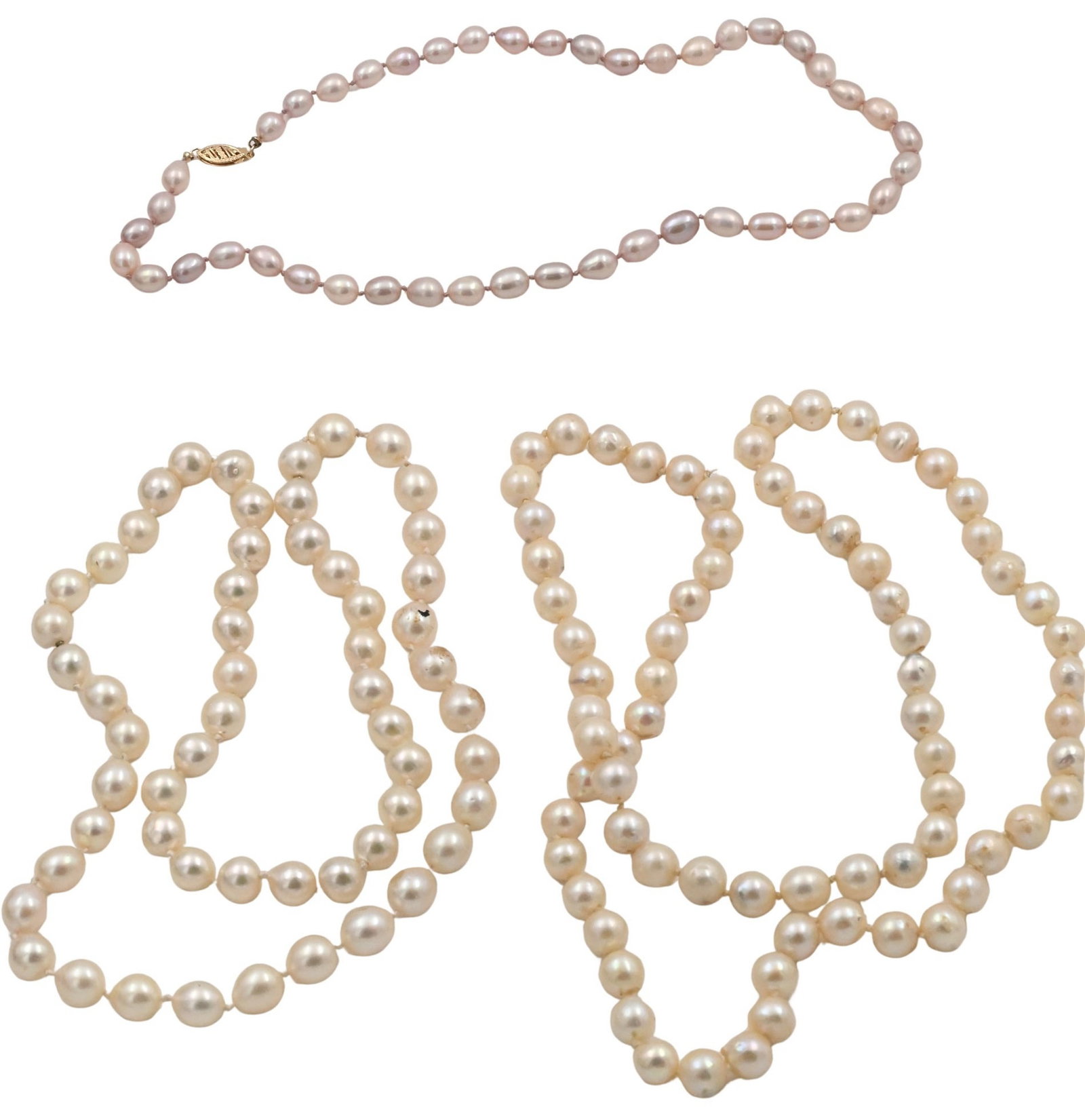 Three Strands of Pearls with 14K Gold Clasp: Three Strands of Pearls two strands with approximately 9.5 millimeter pearls and a pink strand having a 14K clasp with approximately 5.9 millimeter pearls