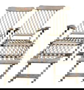 Pair of Teak Lounges: Pair of Teak Lounges marked Wooden Village teak with foot rests height 37 inches, length 60 inches
