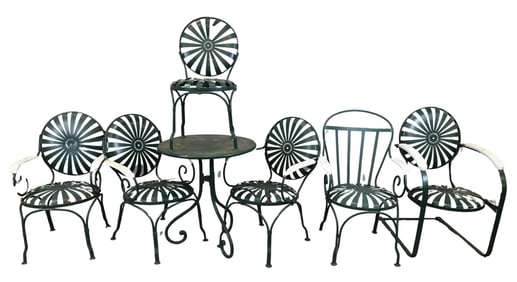 Six Coastal Francois Carre Sunburst Chairs along with Round Metal Table having Iron Base