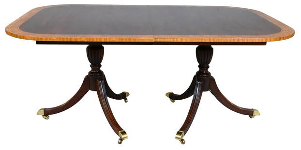 Mahogany Dining Table: Mahogany Dining Table with banded inlaid top of burlwood on double pedestal base with three 20 inch leaves, opens to 128 inches total height 30 inches, top 45" x 68" Provenance: From a East Longmeadow