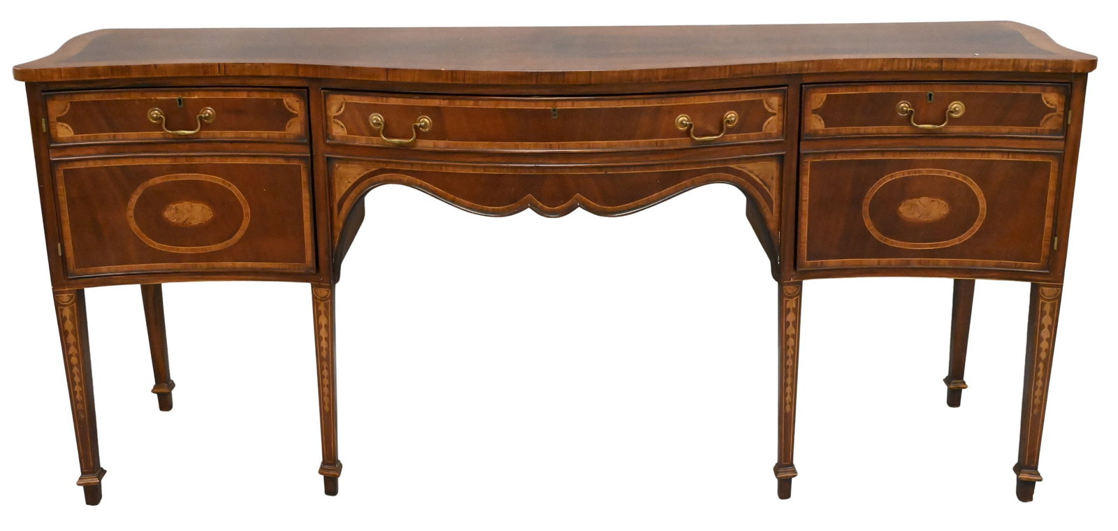 George III Mahogany Sideboard: George III Mahogany Sideboard with banded top, front, and bellflower, inlaid legs height 37 inches, width 83 inches, depth 24 inches Provenance: From a East Longmeadow, Massachusetts Estate