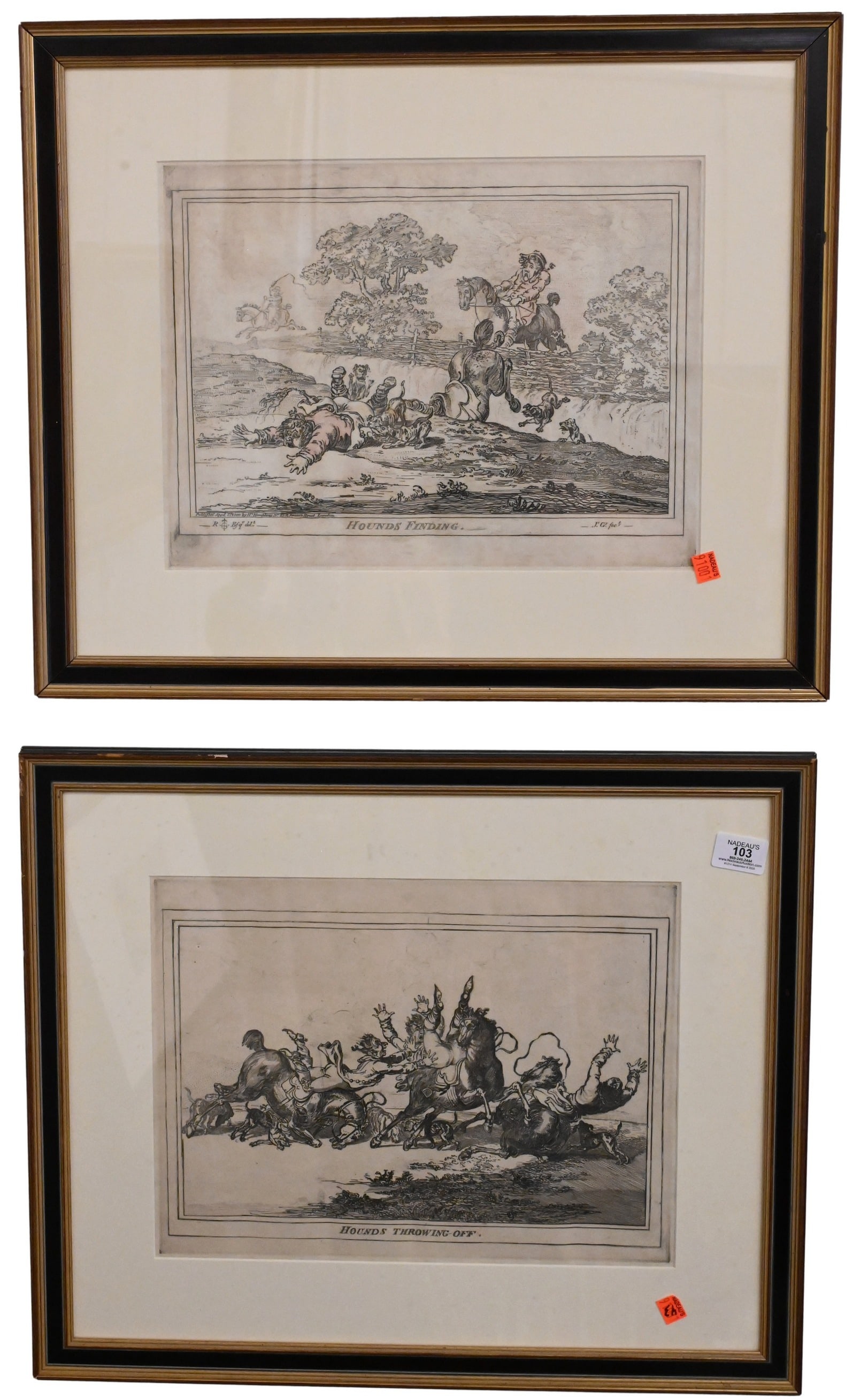 Group of Six Early 19th Century Framed Engravings: Group of Six Early 19th Century Framed Engravings to include Set of Four James Gillray (British 1756-1815) Framed Caricatures to include "Hounds in Full Cry" "Hounds Finding" "Hounds Throwing Off" "Co