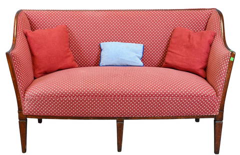 Continental Upholstered Settee: Continental Upholstered Settee on square tapered legs height 35 inches, length 59 inches Provenance: Collection of Barbara Rothschild Michaels and Roger Michaels of New York City and Ossining, New Yor