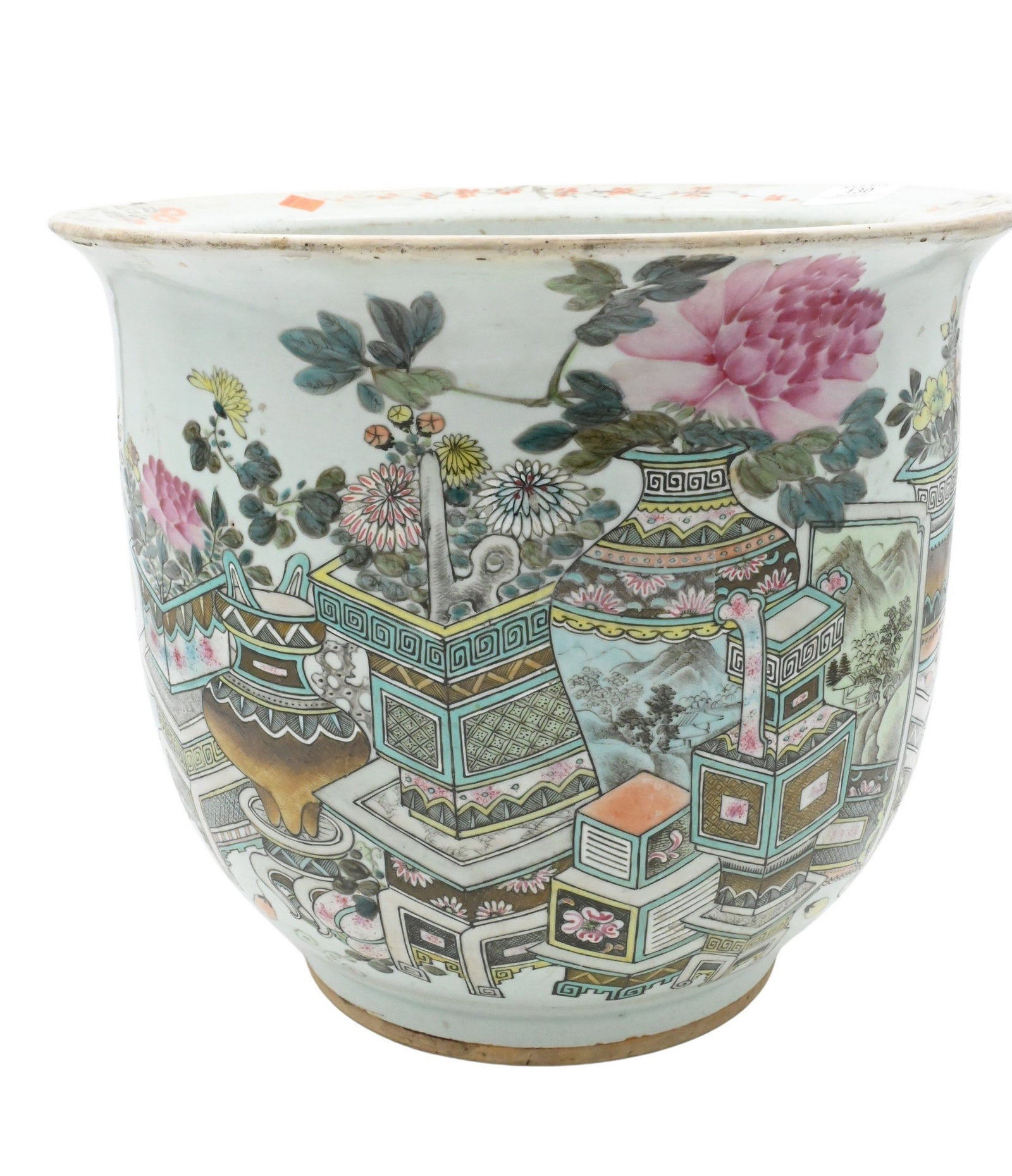 Large Chinese Qing Famille Verte Planter: Large Chinese Qing Famille Verte Planter having antique and precious objects motif with character mark poem verso, drainage hole to bottom height 12 inches, diameter 14 inches