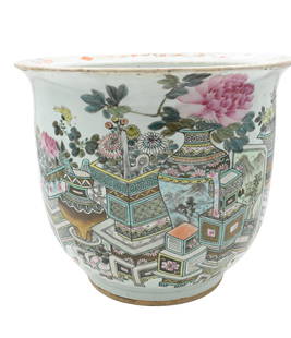 Large Chinese Qing Famille Verte Planter: Large Chinese Qing Famille Verte Planter having antique and precious objects motif with character mark poem verso, drainage hole to bottom height 12 inches, diameter 14 inches
