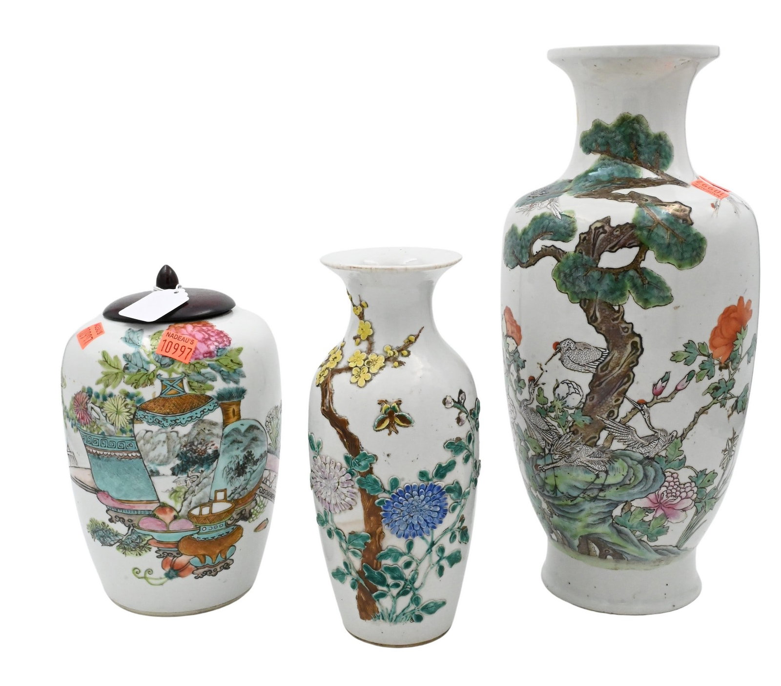 Three Chinese Famille Verte Porcelain Vases: Three Chinese Famille Verte Porcelain Vases to include vase having enamel crane, peonies and tree motif, smaller flared rim vase with high relief enamel chrysanthemum and butterfly design along with j