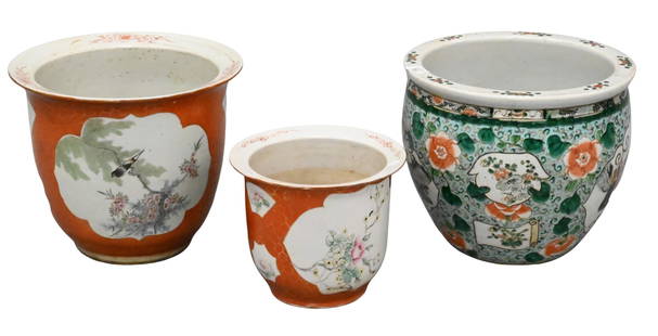 Three Chinese Porcelain Planters: Three Chinese Porcelain Planters to include Large Chinese Famille Verte Porcelain Planter green ground having cartouches featuring scholars in a garden and scrolling vine motif with flowers height 12