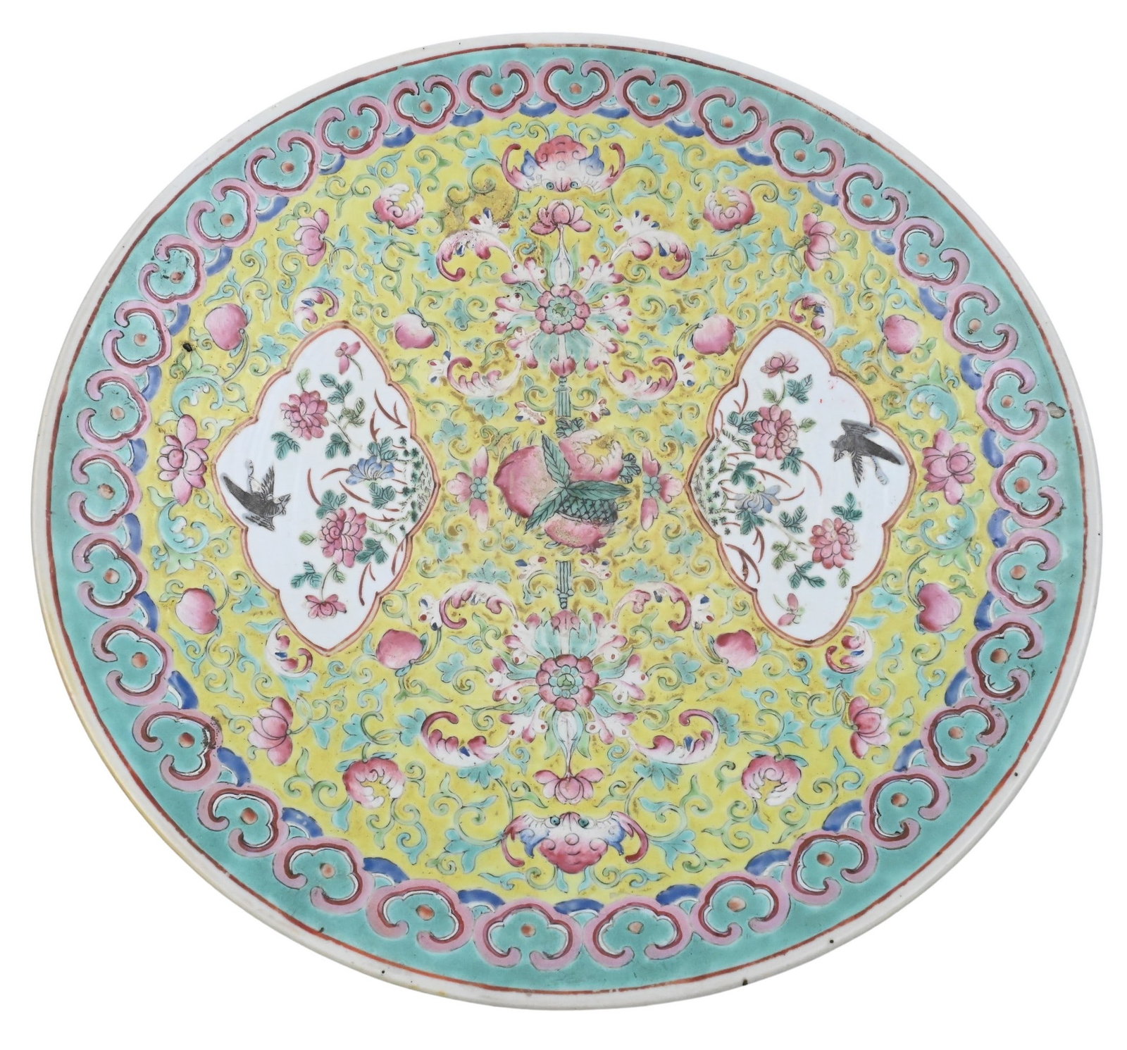 Chinese Famille Jaune Porcelain Charger: Chinese Famille Jaune Porcelain Charger yellow ground plate having scrolling vine and peach motif with two cartouches featuring birds and flowers diameter 14 3/4 inches