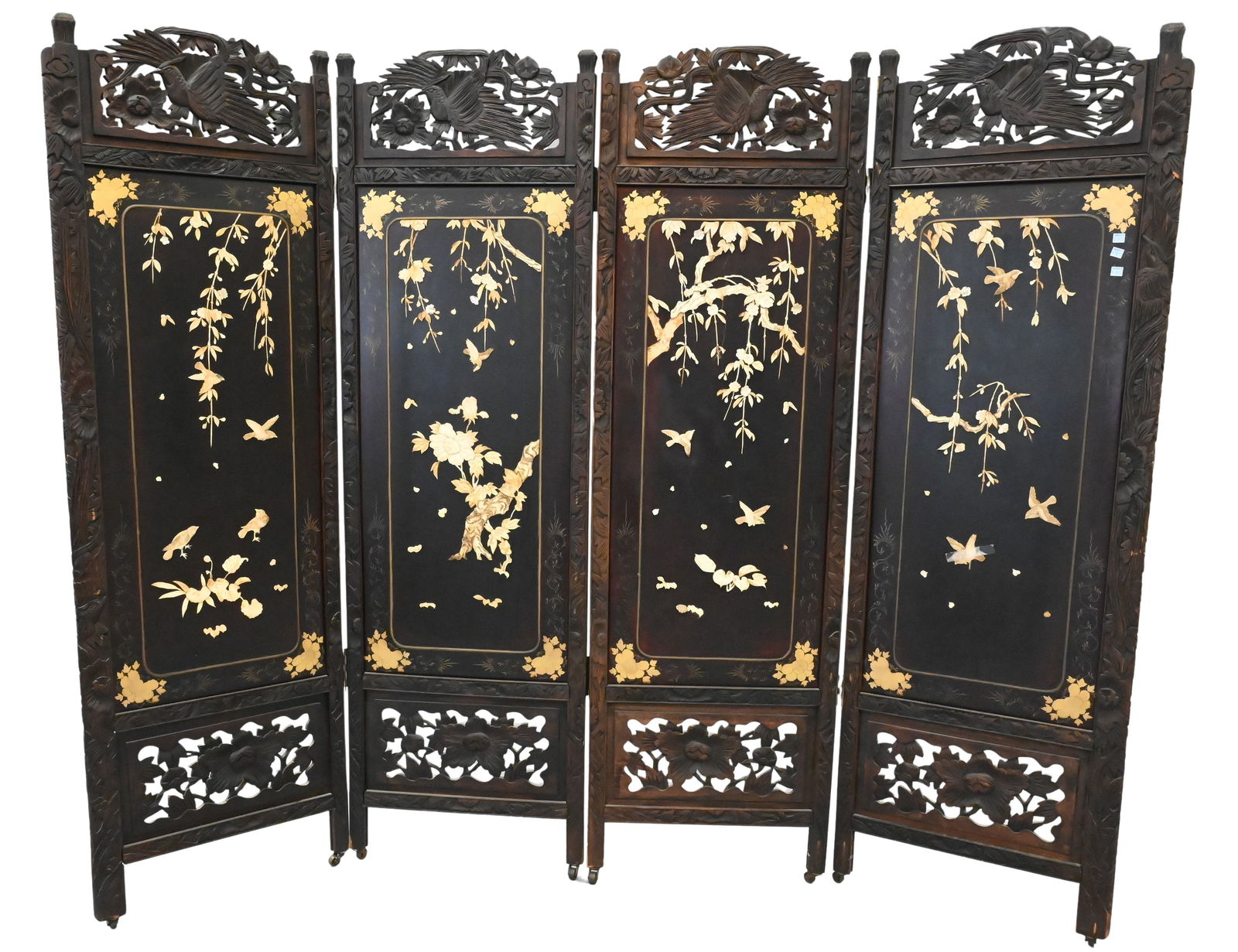 Four Panel Chinese Screen: Four Panel Chinese Screen having high relief bone decoration height 71 1/4 inches, width 90 inches