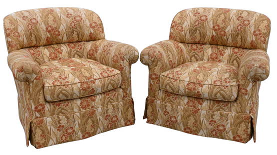 Pair of Custom Upholstered Swivel Club Chairs: Pair of Custom Upholstered Swivel Club Chairs height 31 inches, width 35 inches, depth 34 inches Provenance: From a East Longmeadow, Massachusetts Estate