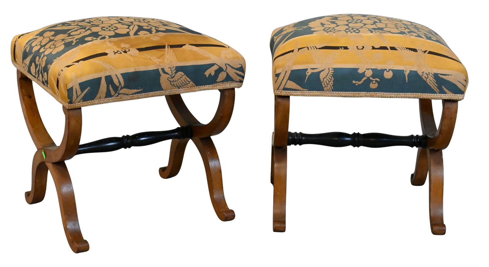 Two Cruel Base Stools: Two Cruel Base Stools with ebonized stretcher height 18 inches, top 16" x 19" Provenance: Collection of Barbara Rothschild Michaels and Roger Michaels of New York City and Ossining, New York; many ite