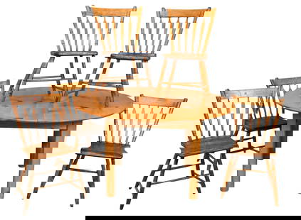 Six Piece Set Round Pine Kitchen Table: Six Piece Set Round Pine Kitchen Table along with five plank seat arrowback side chairs table height 29 inches, diameter 54 inches Provenance: Collection of Barbara Rothschild Michaels and Roger Micha