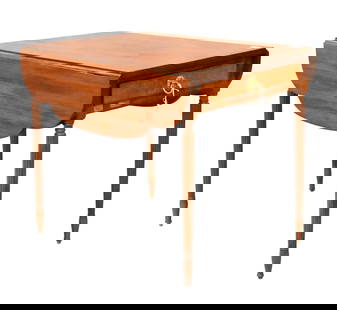 George III Mahogany Drop Leaf Table: George III Mahogany Drop Leaf Table having shaped leaves and one drawer set on tapered fluted legs, veneer chips circa 1830 height 26 inches, top 23" x 31"