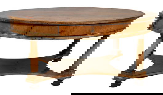 Neoclassical Continental Round Coffee Table: Neoclassical Continental Round Coffee Table having four drawers set on column base ending in "X" stretcher, made up of old elements height 20 inches, top diameter 47 inches Provenance: Collection of B