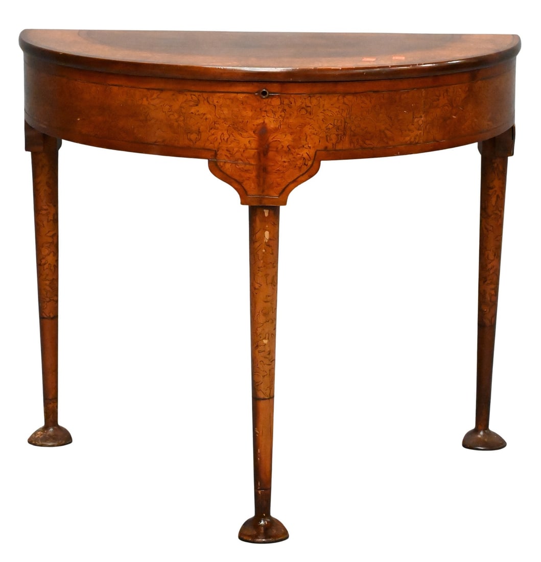 Demilune Table With Lift Top and Compartment Interior: Demilune Table With Lift Top and Compartment Interior set on turned legs with duck feet, restored height 28 inches, width 32 inches, depth 16 inches Provenance: Collection of Barbara Rothschild Michae