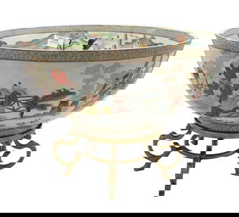 Large Chinese Porcelain Punch Bowl: Large Chinese Porcelain Punch Bowl featuring crackle glaze painted rim over motif of boys playing in a mountain landscape with mythical creatures height 7 3/4 inches, diameter 16 inches Provenance: Fr