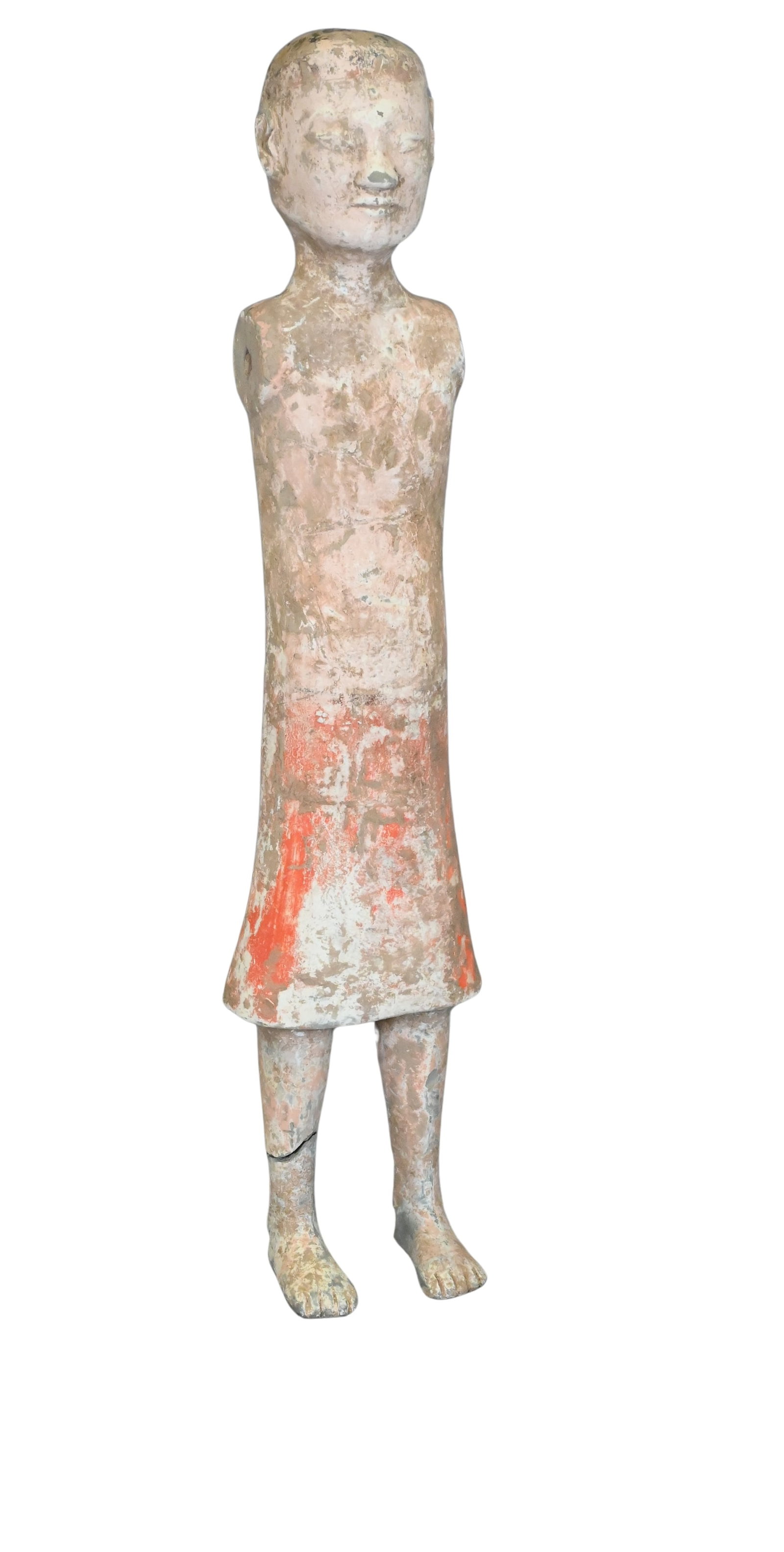 Chinese Han Dynasty Stick Figure: Chinese Han Dynasty Stick Figure having remnants of original paint, leg broken at shin height 25 inches