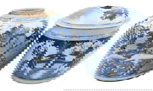 Two Chinese Blue and White Jars: Two Chinese Blue and White Jars to include ginger jar having flower design and remnants of brown wax seal along with covered jar with playing boys and drilled holes for wire handles height 8 1/2 inche