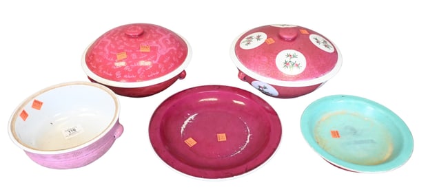 Five Chinese Pink Porcelain Sgraffito Pieces