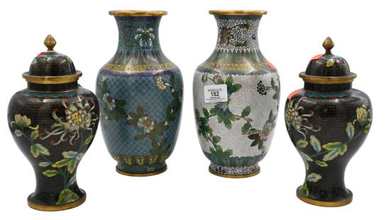 Four Chinese Cloisonne Vases: Four Chinese Cloisonne Vases to include pair of black baluster jars having chrysanthemum flower motif and gilt finial lids, along with a near pair of vases, one in turquoise and the other in white ena