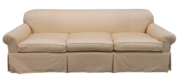 Brunschwig Fils Upholstered Sofa: Brunschwig Fils Upholstered Sofa having rolled arms and three cushion seats height 30 inches, length 90 inches Provenance: From a East Longmeadow, Massachusetts Estate