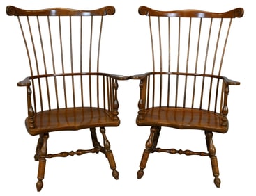 Pair of Stickley Cherry Fan Back Windsor Style Arm Chairs
