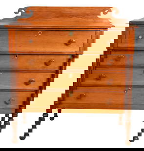 Sheraton Four Drawer Chest: Sheraton Four Drawer Chest on turned legs, circa 1830 one original pulls as is height 46 inches, width 43 inches, depth 20 inches Provenance: Collection of Barbara Rothschild Michaels and Roger Michae