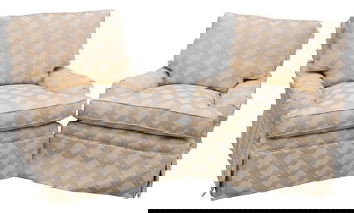 Pair of Earls of High Point Custom Upholstered Club Chairs: Pair of Earls of High Point Custom Upholstered Club Chairs each having rolled arms and set on casters height 33 inches, width 32 1/2 inches, depth 37 inches Provenance: From a East Longmeadow, Massach
