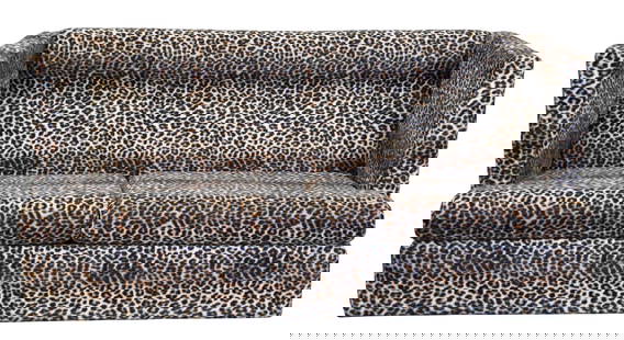 Custom Upholstered Mid-Century Modern Leopard Sofa: Custom Upholstered Mid-Century Modern Leopard Sofa along with matching ottoman height 35 inches, length 77 inches, depth 35 inches