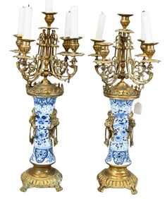 Pair of Delft Porcelain Garniture Candelabras