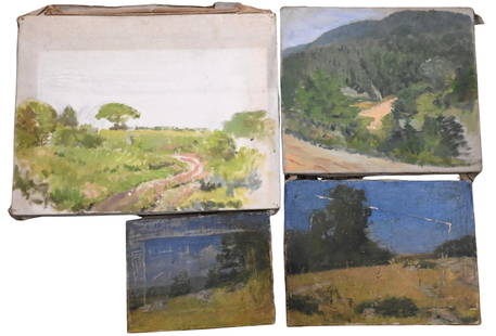 Eight: Helen Savier DuMond (American 1872-1968) Landscape Studies: Eight: Helen Savier DuMond (American 1872-1968) Landscape Studies to include one large study of rolling hills and stone walls with chickens and cows, one of a farmhouse, row boats docked on a river, u