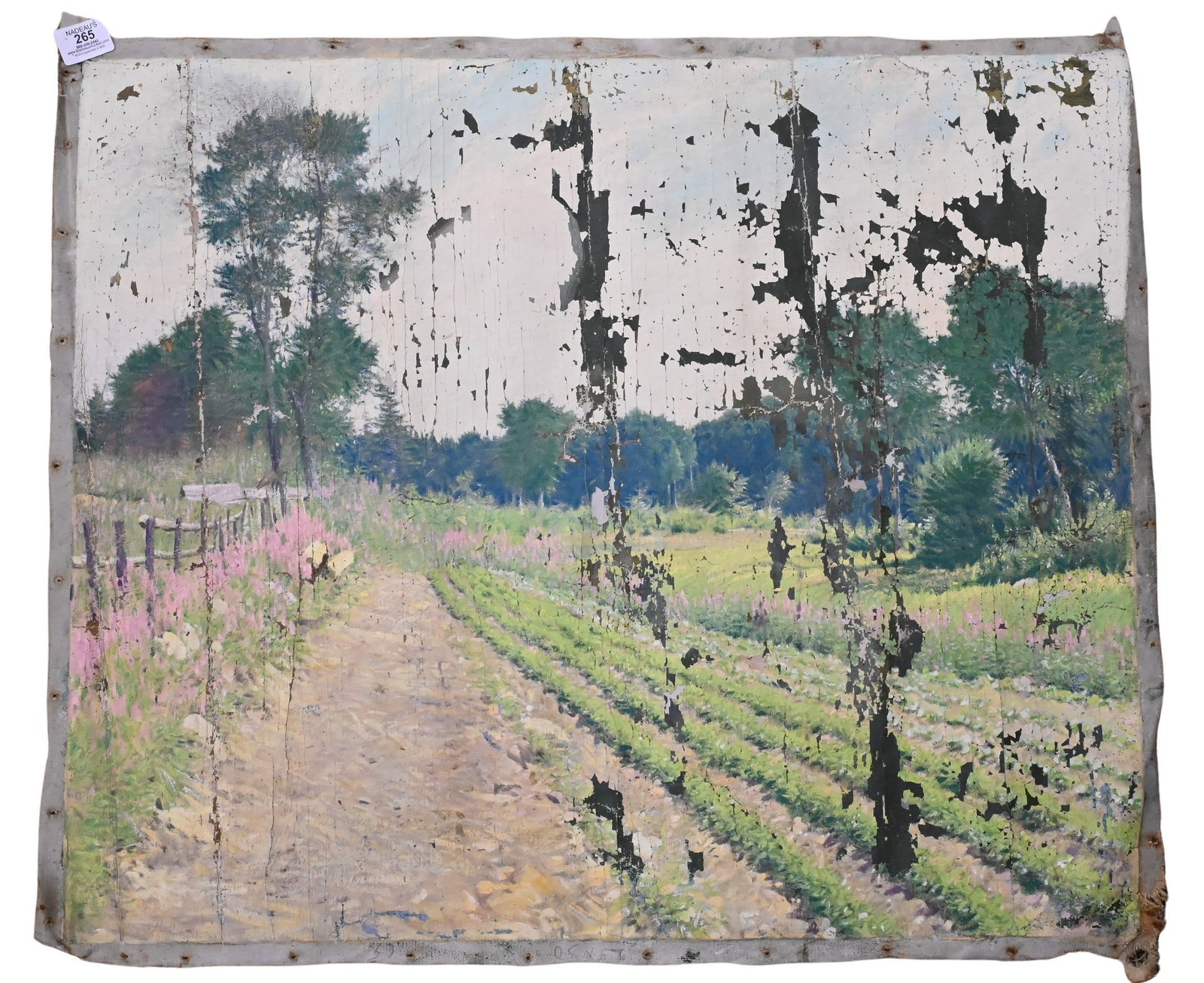 Frank Vincent DuMond (American 1865-1951): Frank Vincent DuMond (American 1865-1951) Farm in Old Lyme with Flower Blossoms Oil on loose canvas Unsigned 25" x 30" Sold as is