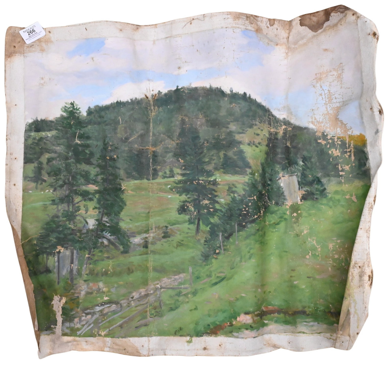 Frank Vincent DuMond (American 1865-1951): Frank Vincent DuMond (American 1865-1951) Rose's Farm with Rollings Hills and Evergreen Trees Oil on loose canvas Unsigned 20" x 24" Sold as is