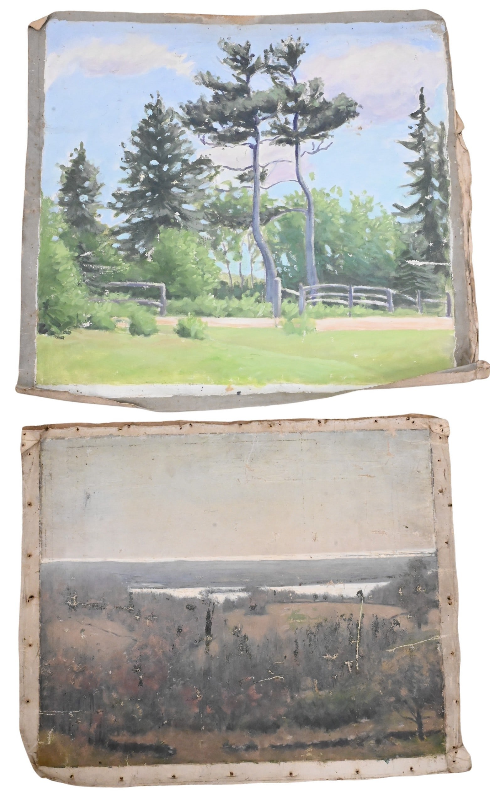 Four: Helen Savier DuMond (American 1872-1968) and Frank Vincent DuMond (American 1865-1951): Four: Helen Savier DuMond (American 1872-1968) and Frank Vincent DuMond (American 1865-1951) to include landscape with tall cedar trees, autumn landscape with house, study of the Florence Griswold hou