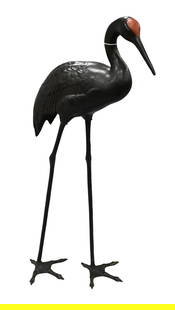Lifesize Japanese Bronze Crane: Lifesize Japanese Bronze Crane cast bronze Manchurian Crane having red painted crest with elongated neck over tall thin legs height 35 inches