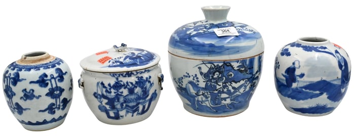 Four Chinese Blue and White Porcelain Covered Jars