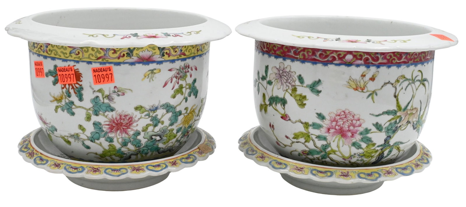 Near Pair of Chinese Famille Rose Porcelain Jardinieres: Near Pair of Chinese Famille Rose Porcelain Jardinieres both planters having scrolling vine and chrysanthemum flower design, both having drainage holes, along with a pair of underplates or shallow bow