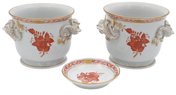 Three Herend "Chinese Bouquet" Porcelain Pieces: Three Herend "Chinese Bouquet" Porcelain Pieces to include a pair of cache pots having double dolphin handles along with small ring dish in rust orange cache pot height 3 3/4 inches, diameter 4 1/2 in