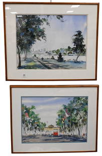 Two: Howard Watson (American 1929-2022): Two: Howard Watson (American 1929-2022) "Schuylkill River" Watercolor on paper Signed lower right Howard Watson 17" x 22" "Flags on the Parkway" Watercolor on paper Signed lower left Howard Watson 15"